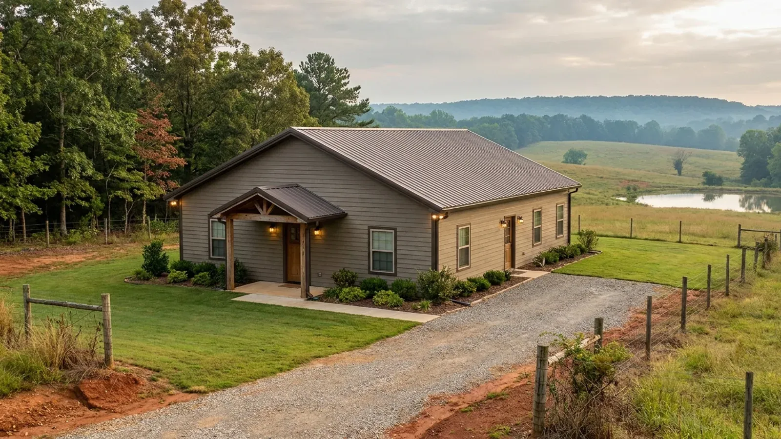 A compact 30x40 barndominium sized like a starter home or cabin, with a covered entry porch and no large shop bay.