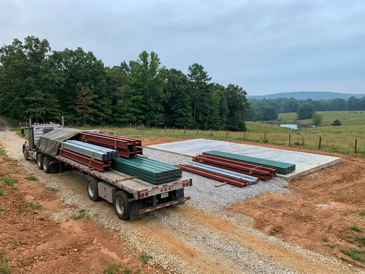 A flatbed truck delivering banded steel frame members and stacked metal roof panels to a building site beside a finished concrete slab.