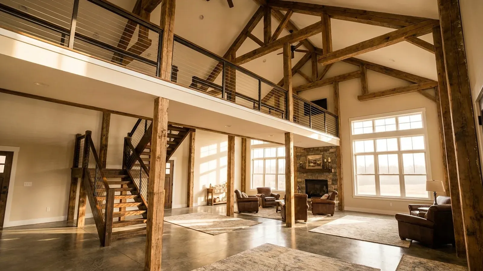 A barndominium great room with an open loft level and railing built over part of the room, reached by an open staircase.