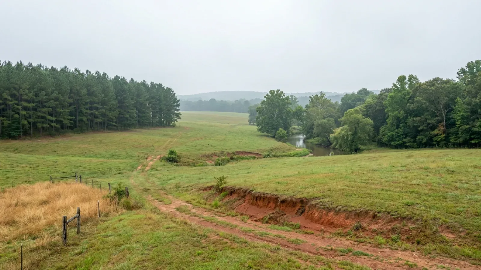 Rolling central Arkansas pasture with loblolly pine, red-brown clay in a cut bank and a wooded creek bottom.