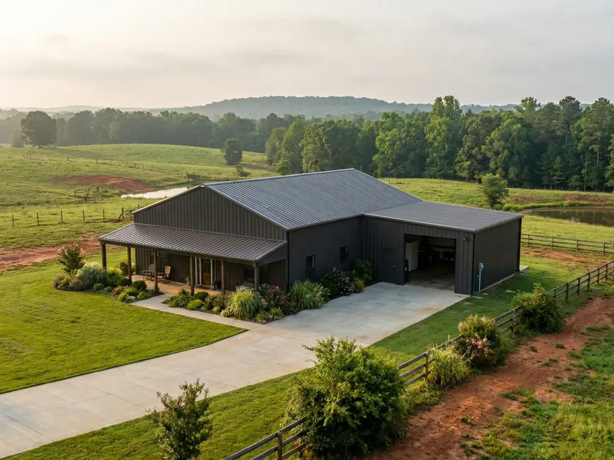 A completed barndominium home viewed from the front corner, with finished landscaping, a covered entry porch and an attached shop bay.