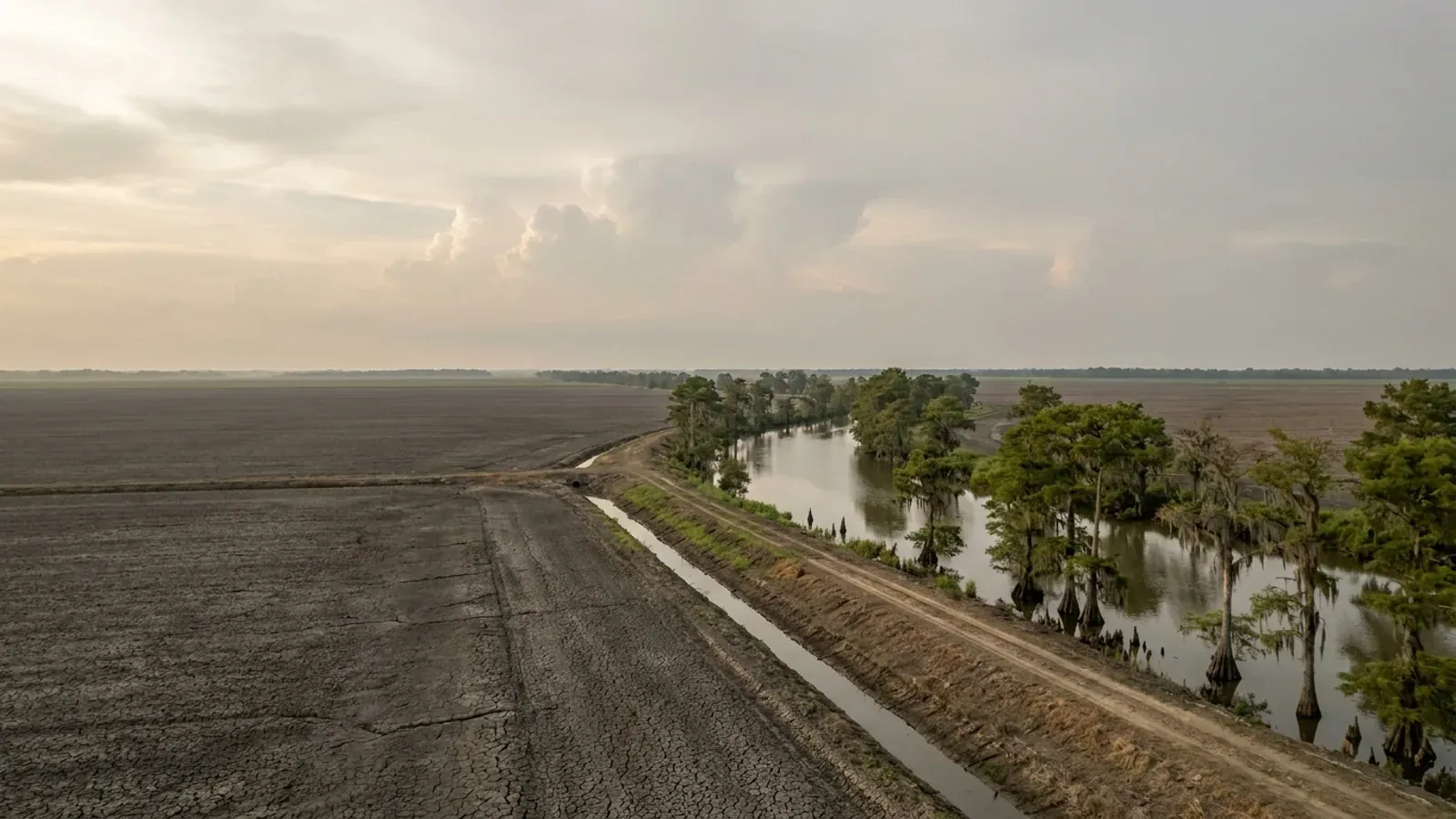 Flat Delta cropland running to the horizon with a drainage ditch, a cypress-lined bayou and a huge open sky.