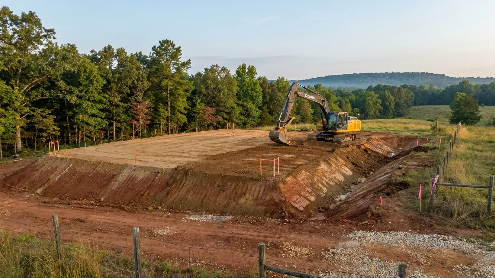 An excavator grading a compacted building pad on a cleared lot, with survey stakes and a drainage swale visible.