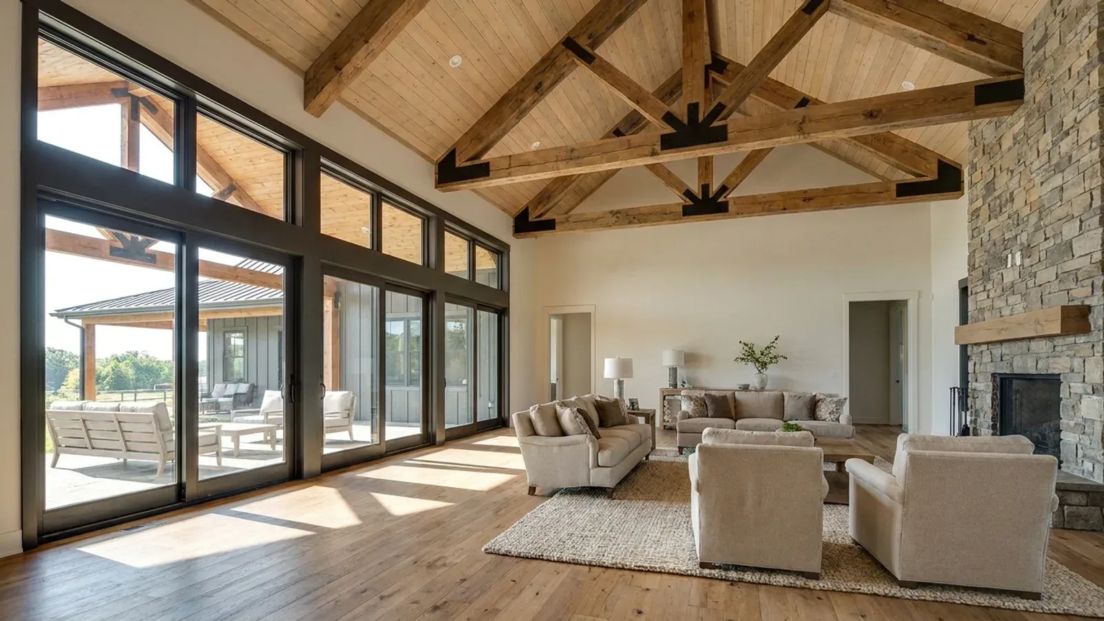 A vaulted barndominium great room with exposed wood trusses, a wall of glazed sliding doors, and a stone-clad fireplace.