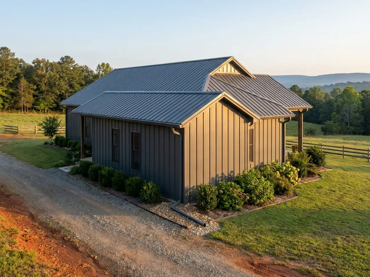 Exterior detail of a metal-clad home showing standing seam roofing, vertical wall panels, and a downspout discharging away from the wall.