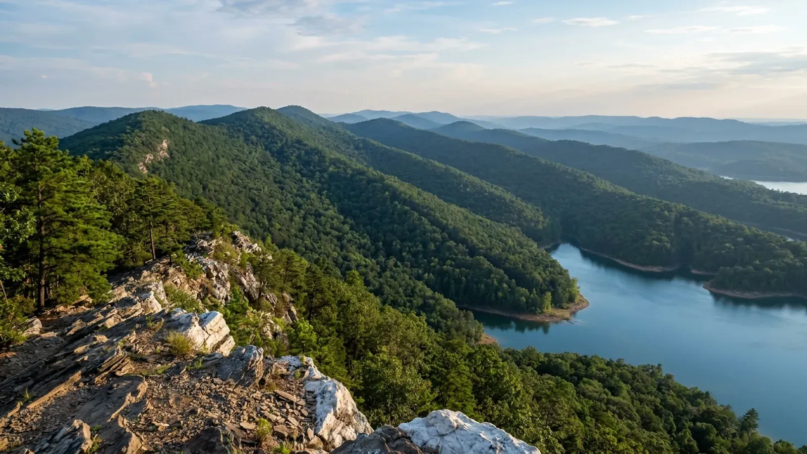 Parallel east-west Ouachita ridges in shortleaf pine and hardwood above an arm of a clear lake.