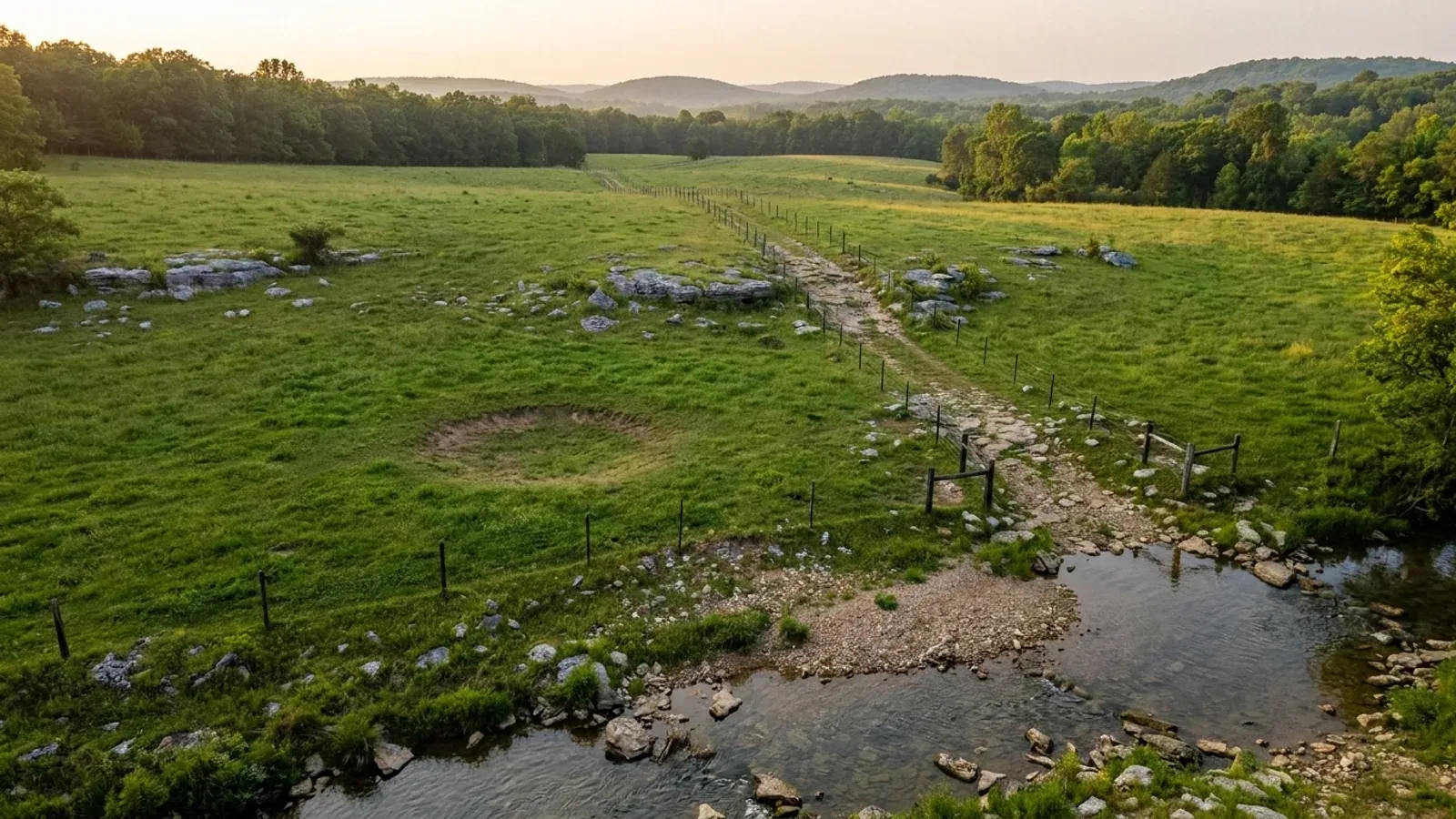Rolling Ozark upland pasture with limestone ledges, a chert gravel track and a clear spring-fed creek.