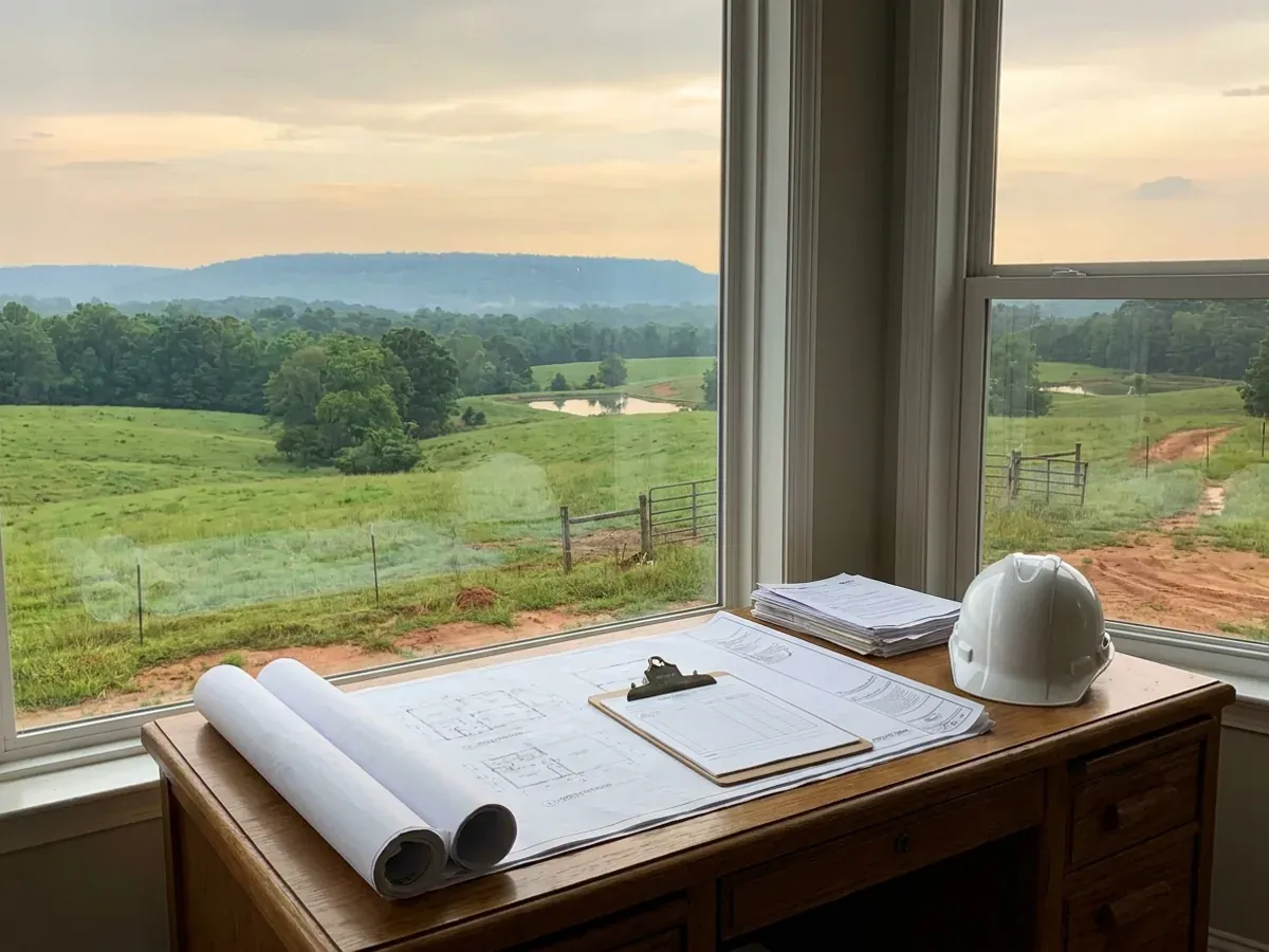 A building permit submittal package on a desk with rolled construction drawings, forms on a clipboard, and a hard hat.