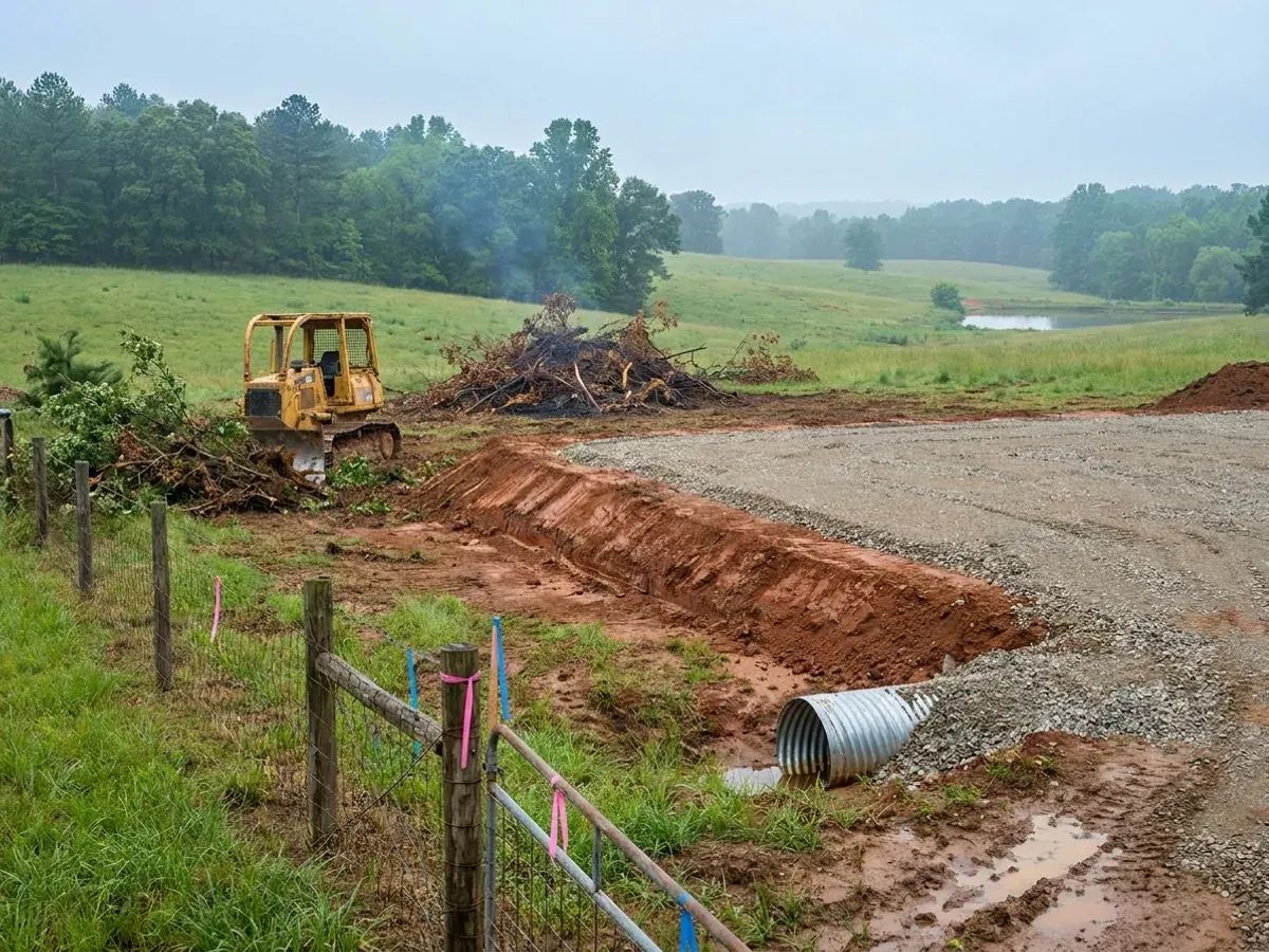 A dozer clearing brush on a rural parcel beside a compacted crushed-stone building pad, with red clay exposed in the cut and a culvert set at the driveway entrance.