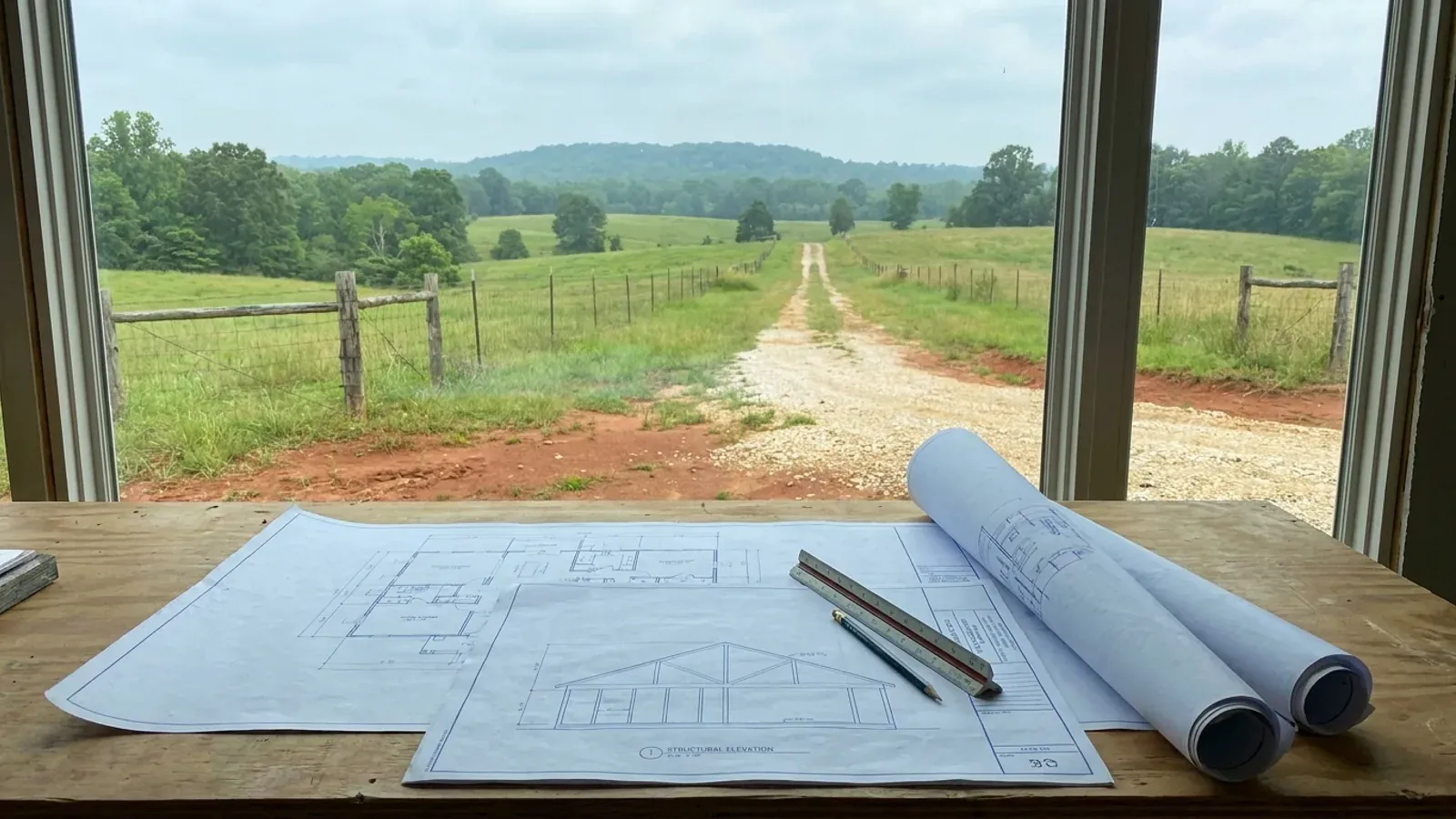 Overhead view of architectural floor plan and structural elevation drawings spread on a workbench with a scale ruler and pencil.